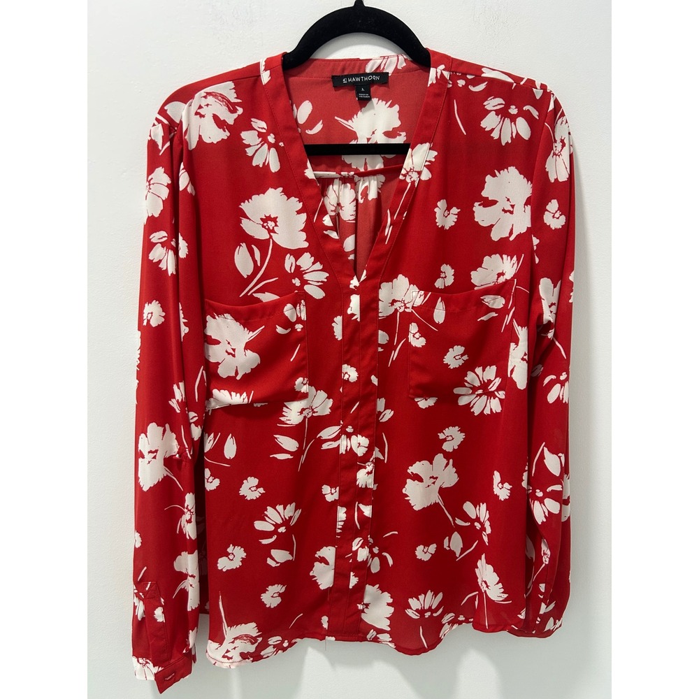 41 Hawthorn Red White Floral V-Neck Button Front Blouse WGW10501 L
